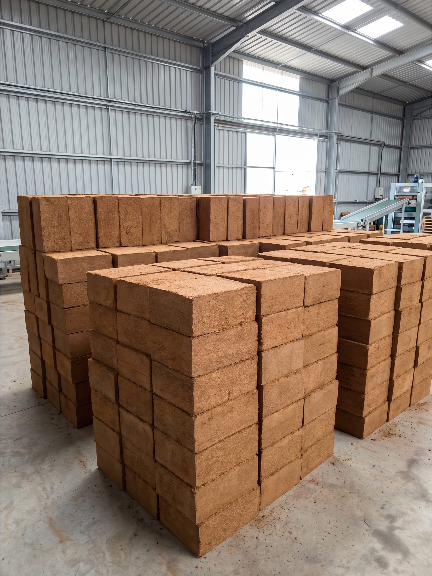 Cocopeat blocks stacked on pallet